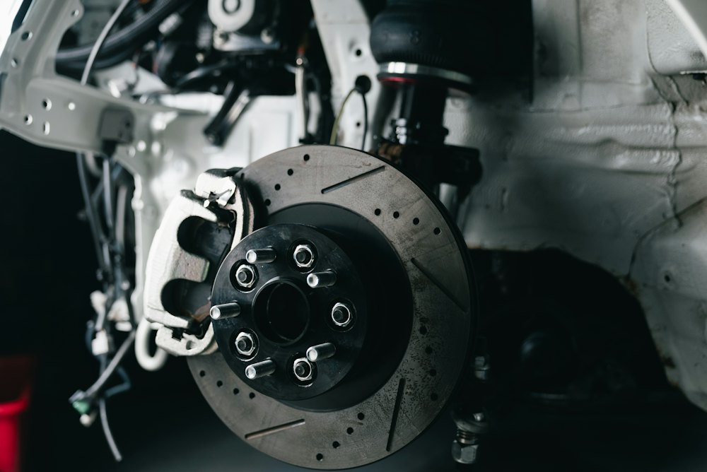Close-up of a performance brake disc and caliper
